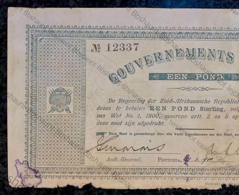 Z.A.R Pretoria 1 pound Government Noot 28-5-1900 -- no12337 Star Boarder