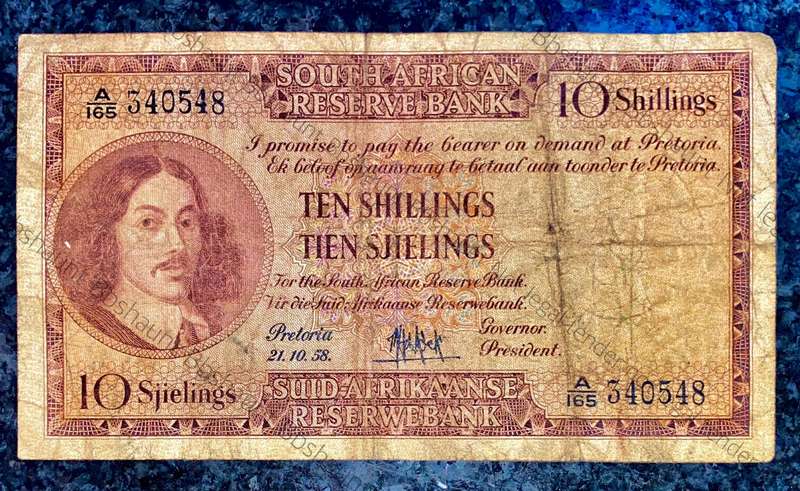 Mh De Kock. 10 shillings 21-10-1958 -- A165
