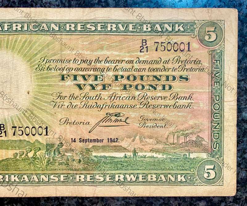J POSTMUS 5 POUND 14TH SEPTEMBER 1942 E/A B21 /750001 FIRST ISSUE VAN RIEBEECK WTM