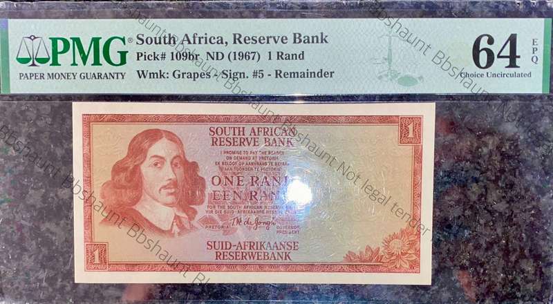 Very Scarce GRAPE wtm Graded R1 - TW De Jongh Reminder - Specimen 1967 PMG graded choice unc 64