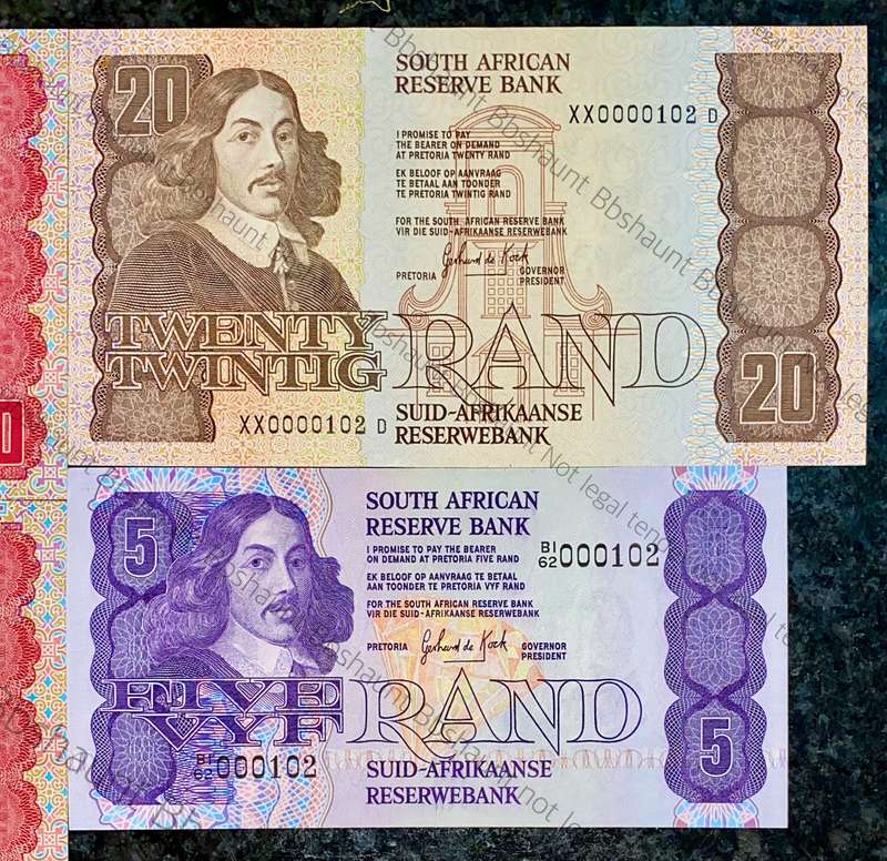 SOUTH AFRICA SET LOW MATCHING NO -- 0000102 -- R50 - R20 & R5 + REPLACEMENTS XX0000102 ALL GEM UNC