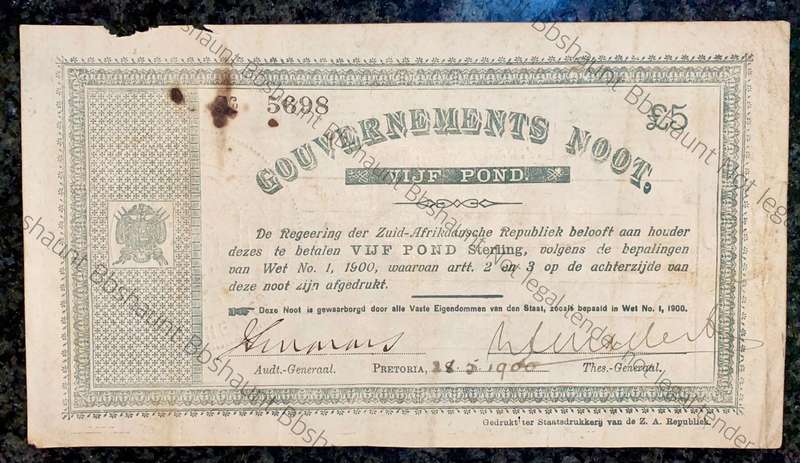 Z.A.R Pretoria 5 pound Government Noot 28-5-1900 - missing NO prefix - 5698 Star Boarder