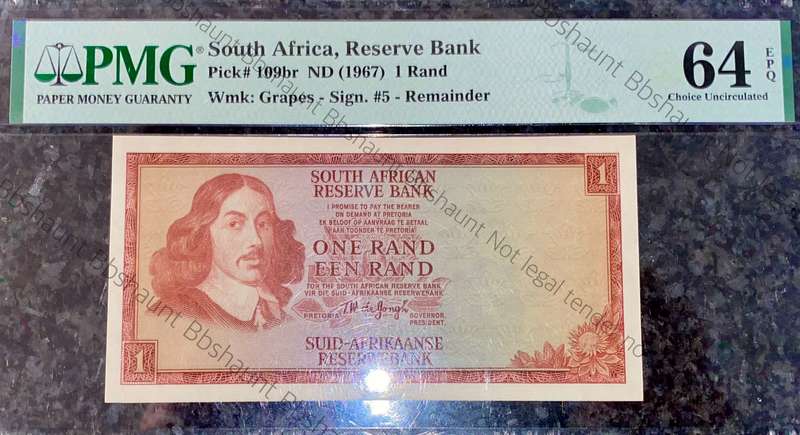 Very Scarce GRAPE wtm Graded R1 - TW De Jongh Reminder - Specimen 1967 PMG graded choice unc 64