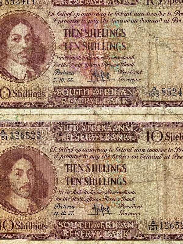 Mh De Kock. Set 10 shillings with two different shade of emblems (1 bid takes all)