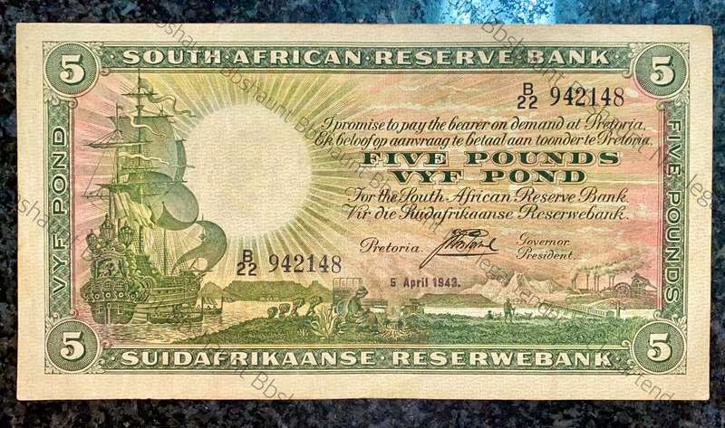 J POSTMUS 5 POUND 5 APRIL 1943 E/A B22 /942148 FIRST ISSUE VAN RIEBEECK WTM