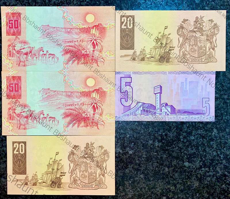 SOUTH AFRICA SET LOW MATCHING NO -- 0000102 -- R50 - R20 & R5 + REPLACEMENTS XX0000102 ALL GEM UNC