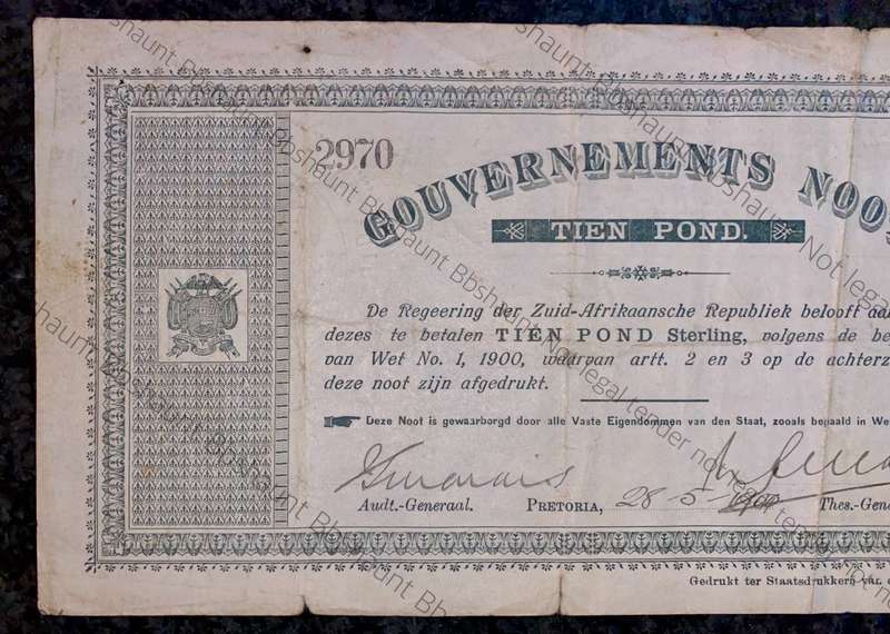Z.A.R Pretoria 10 pound Government Noot 28-5-1900 -missing NO prefix- low number 2970 Spade Boarder
