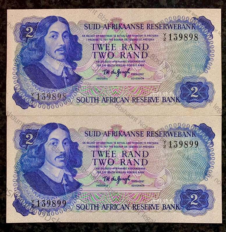 Replacement Note. TW De Jongh R2 in seq Y2 /139898-899 unc-aunc 2nd issue 1974