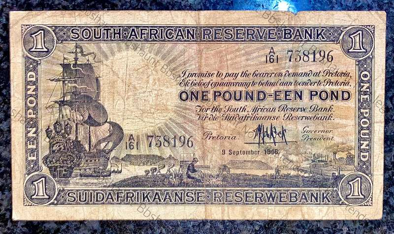 Mh De Kock. 1 pound Pretoria 9th September 1946 -- A161