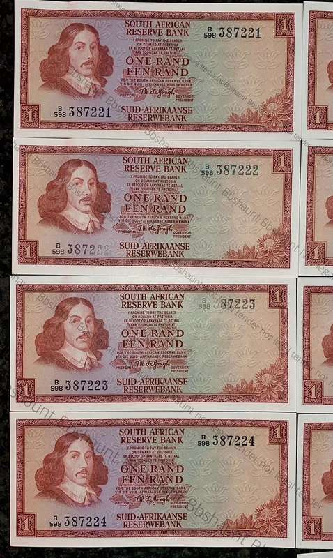 TW De Jongh. R1 in sequence B598 /387221-229 unc-aunc 3rd issue 1975 (1 bid takes all 9)