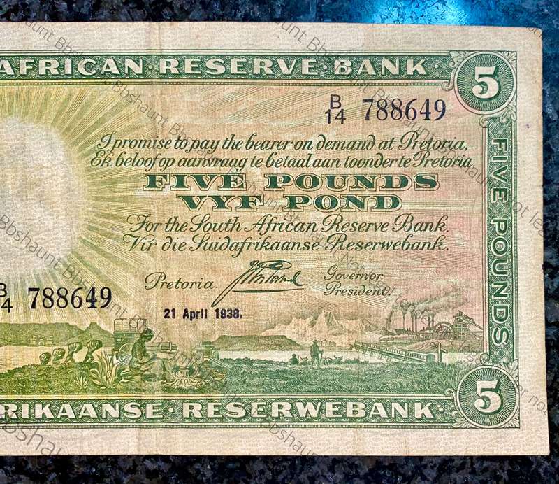 J POSTMUS 5 POUND 21 APRIL 1938 E/A B14 /788649 FIRST ISSUE VAN RIEBEECK WTM