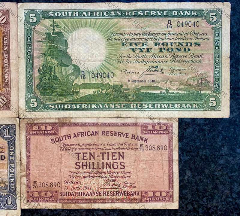 J Postmus Set 10 pound F2 -1943 ,5 pound B16 -1940 ,1 pound 1942 & 10 shillings E70 -1944