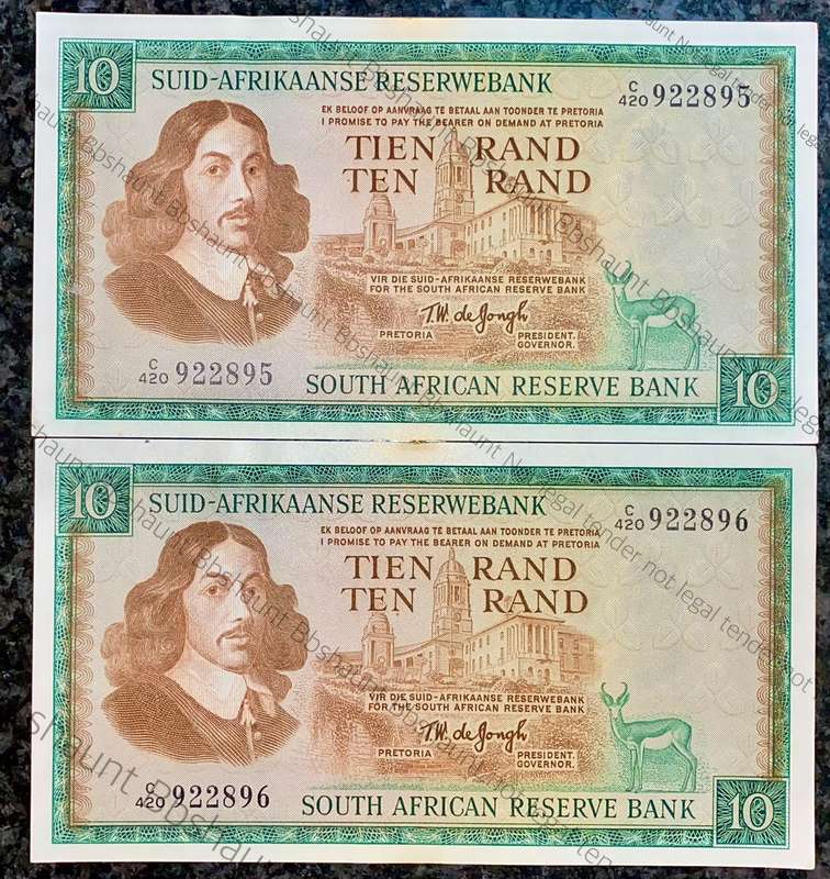 TW DE JONGH R10 IN SEQUENCE C420 /922895-896 AUNC 3RD ISSUE 1975 VAN RIEBEECK WTM(1 BID TAKES ALL)