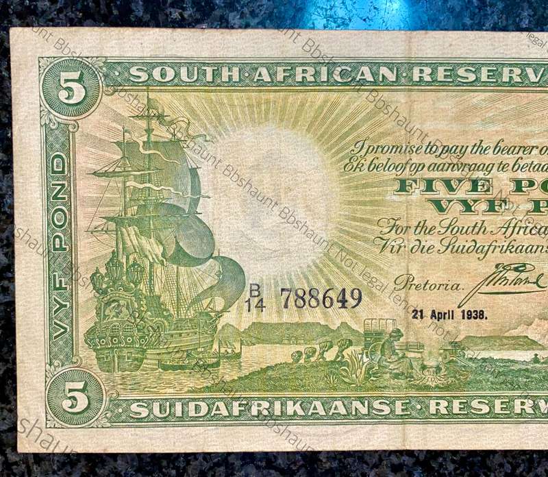 J POSTMUS 5 POUND 21 APRIL 1938 E/A B14 /788649 FIRST ISSUE VAN RIEBEECK WTM