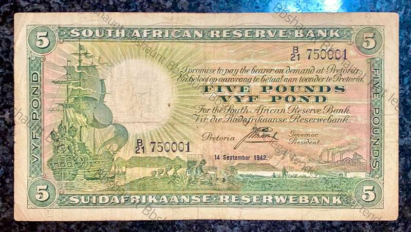 J POSTMUS 5 POUND 14TH SEPTEMBER 1942 E/A B21 /750001 FIRST ISSUE VAN RIEBEECK WTM
