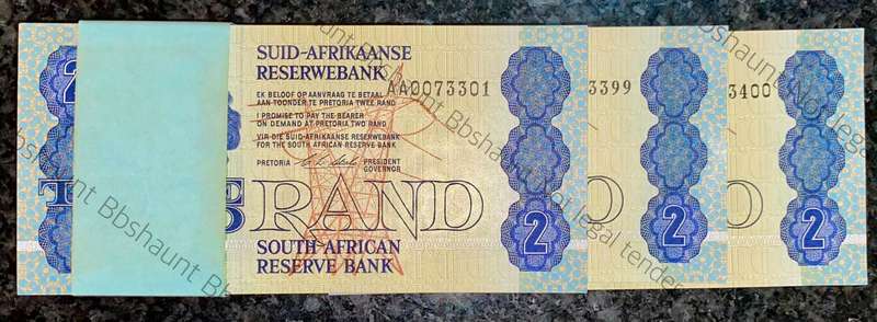 CL Stals Full Pack R2 in sequence AA0073301-400 UNC 1st issue 1990 as from SA Bank with bank band