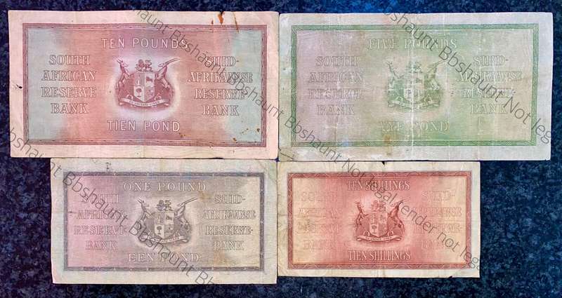 J Postmus Set 10 pound F1 -1943 ,5 pound B23 -1943 ,1 pound 1940 & 10 shillings E73 -1945