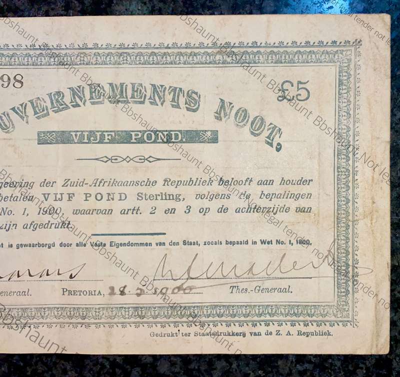 Z.A.R Pretoria 5 pound Government Noot 28-5-1900 - missing NO prefix - 5698 Star Boarder