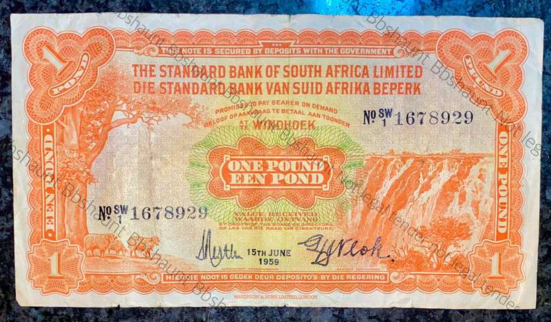 South West Africa 1 pound 15th June 1959 Standard Bank