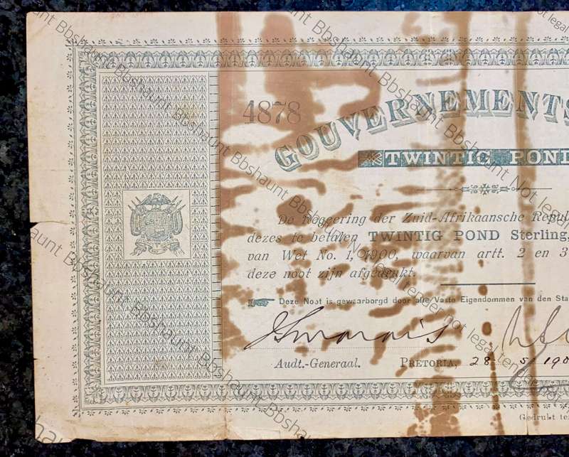 Z.A.R Pretoria 20 pounds Government noot 28-05-1900 without prefix no - spade border