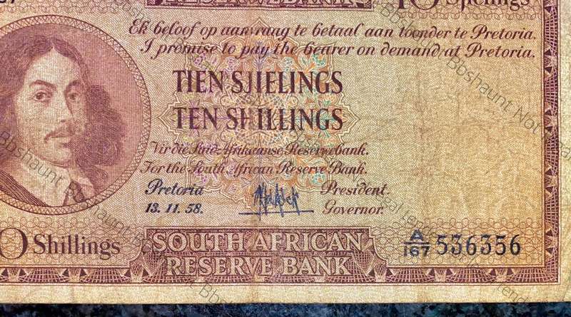 Mh De Kock. 10 shillings 13-11-1958 A167