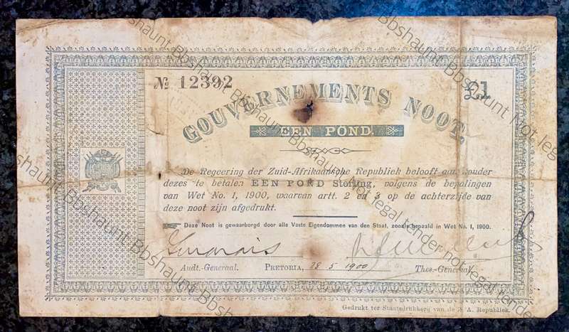 Z.A.R Pretoria 1 pound Government Noot 1900 star boarder no12392