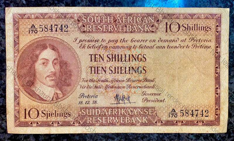 Mh De Kock. 10 shillings 18-12-1958 -- A170