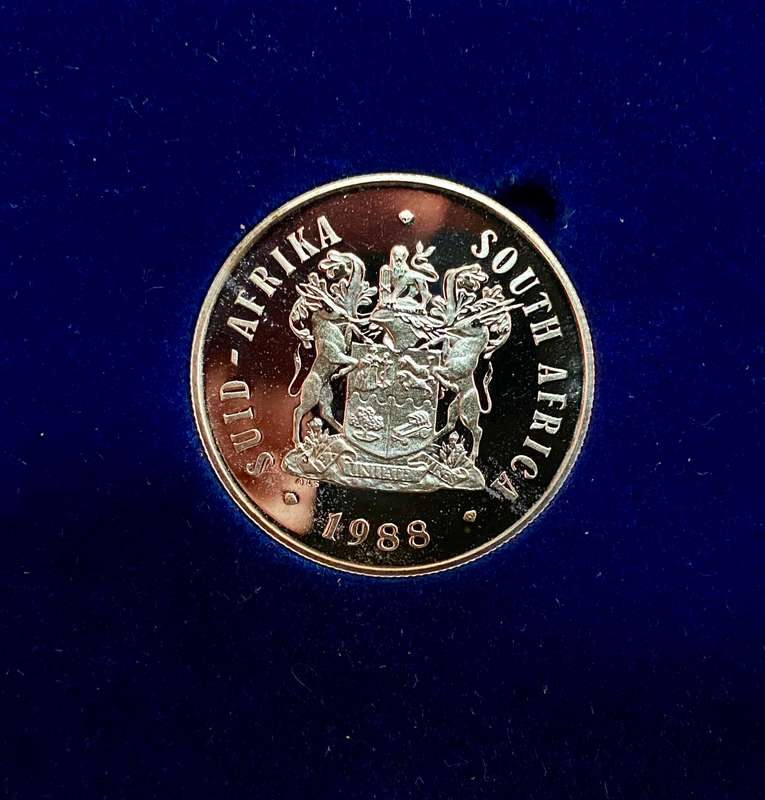 South Africa Proof Silver R1 - 1988 - Les Huguenot 1688-1988 in SA Mint Box