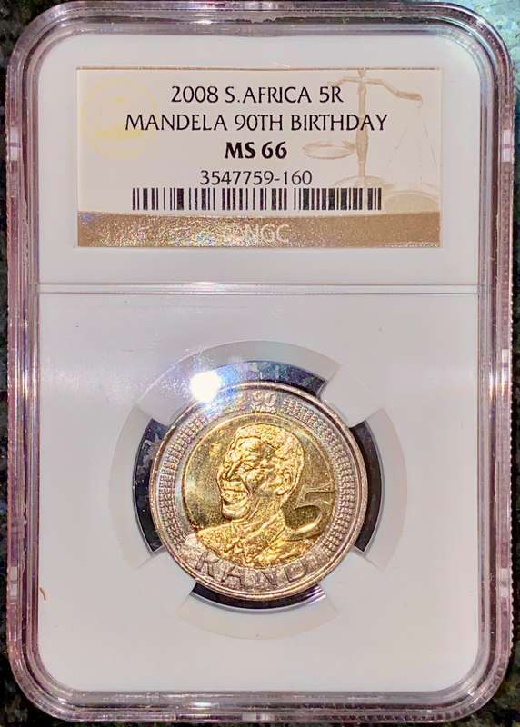 SOUTH AFRICA GRADED MS66 COMMEMORATE R5 MANDELA 90TH BIRTHDAY 2008 NGC