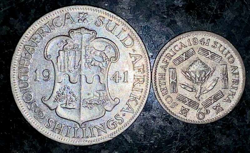 S A UNION SILVER SET 2 SHILLINGS & 6D SIXPENCE 1941 SILVER 80% -- SILVER VALUE ALONE R250