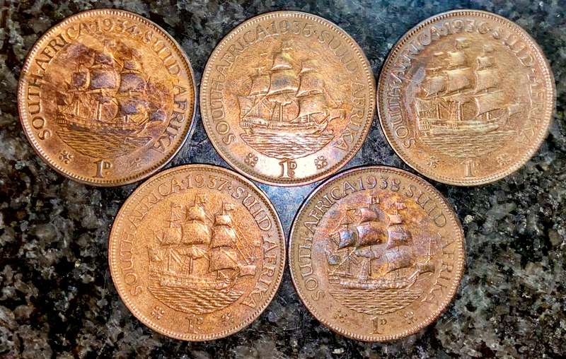 S A UNION 1 PENNY SET - 1934 - 1935 - 1936 - 1937 - 1938 - AMAZING TONING VERY GOOD CONDITION