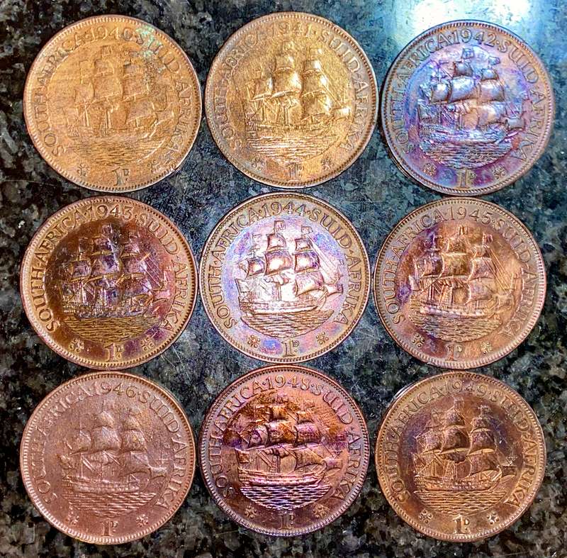 S A UNION 1 PENNY SET - 1940 -41 -42 -43 -44 -45 -46 -48 & 1949 AMAZING TONING VERY GOOD CONDITION
