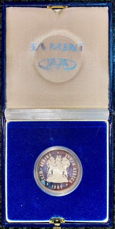 South Africa. silver proof R1 --1989-- in blue SA Mint box in capsule
