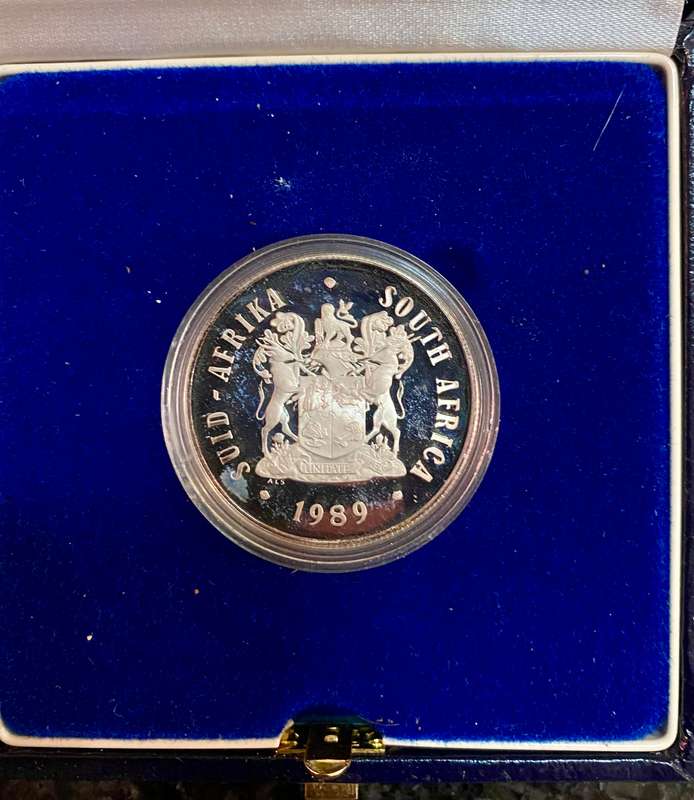 South Africa. silver proof R1 --1989-- in blue SA Mint box in capsule