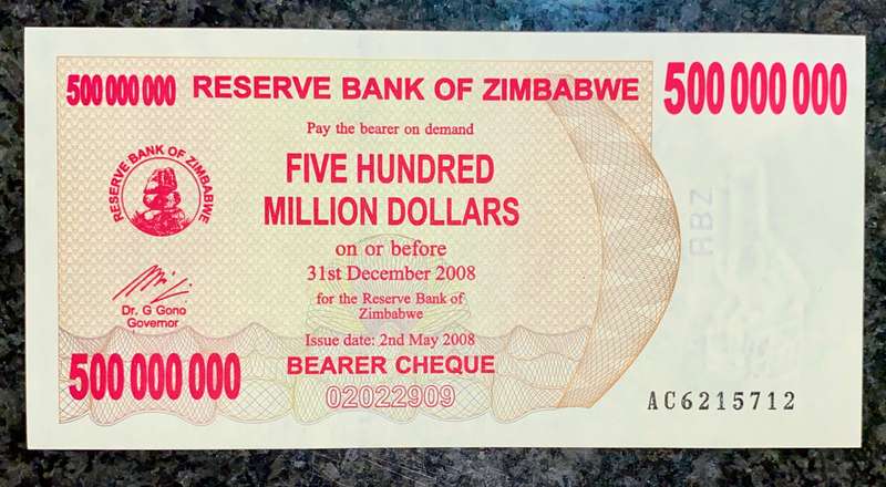 Zimbabwe. 5 billion dollars 2008 unc