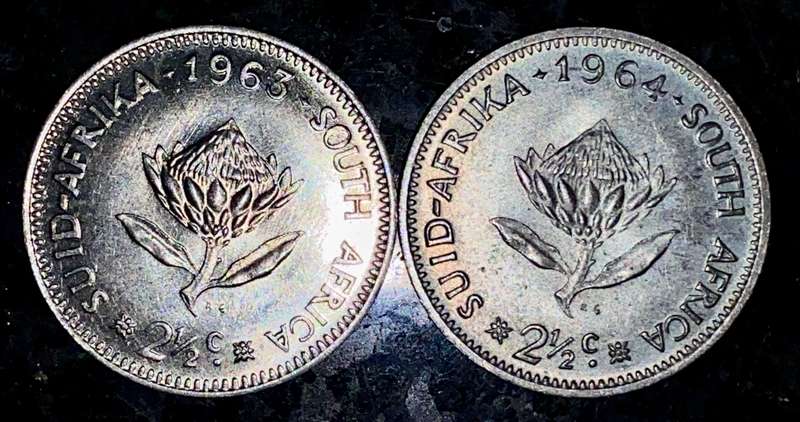 SA silver set 2 1/2 cent 1963 & 1964 unc (1 bid takes all)