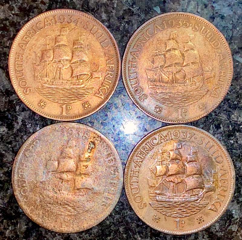 SA Union set 1 penny 1934 - 1935 -1937 - 1938 ( 1bid takes all)