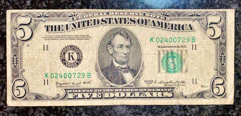 USA 5 dollars 1950 Dallas Federal reserve error off-center