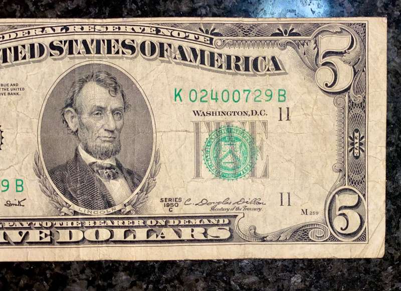 USA 5 dollars 1950 Dallas Federal reserve error off-center