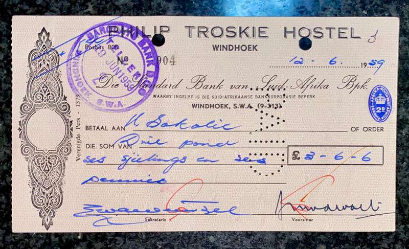 Barclay's Bank Windhoek pounds  & shillings 1959 stamped Barclay's DCO --