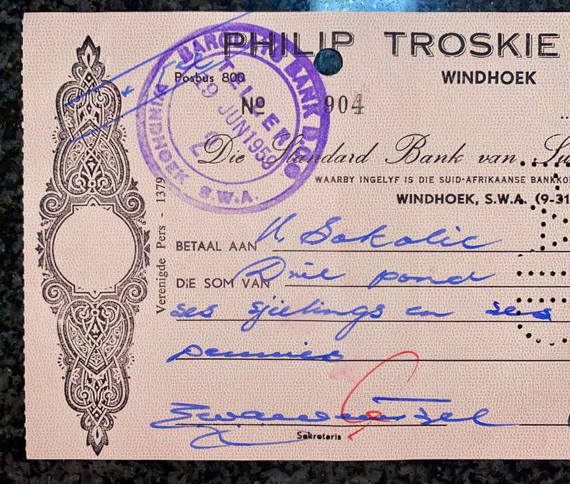 Barclay's Bank Windhoek pounds  & shillings 1959 stamped Barclay's DCO --