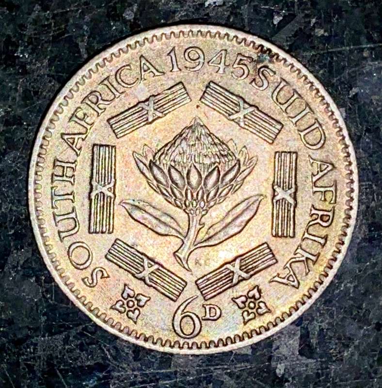 S A Union. silver 6d sixpence 1945 good condition
