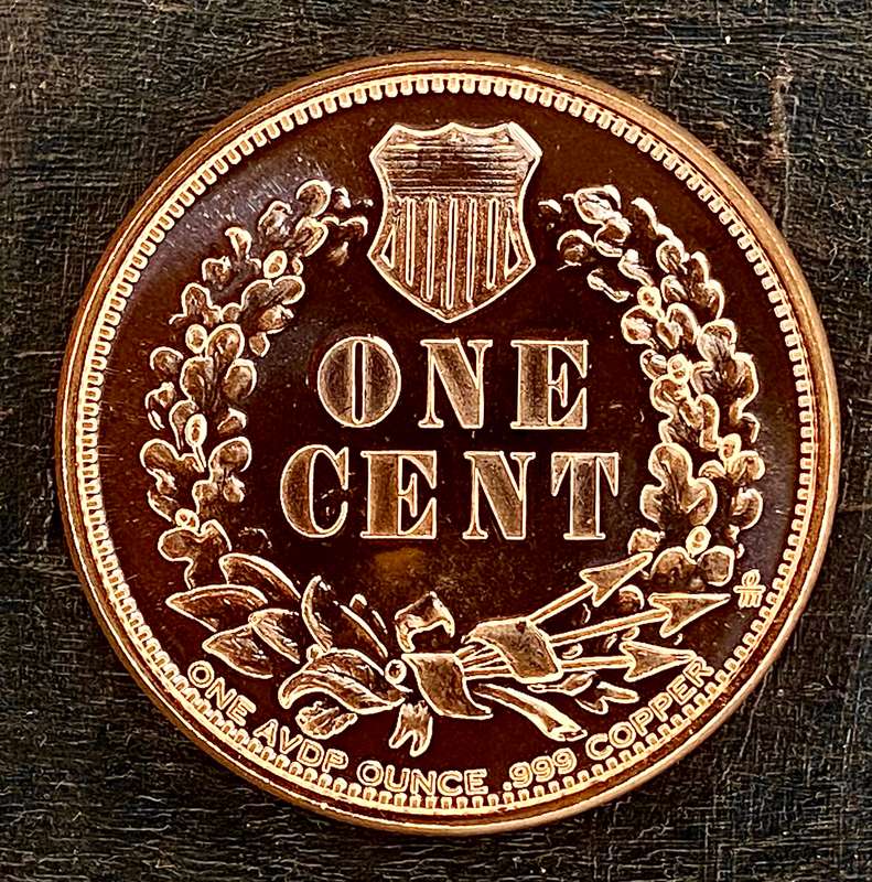 1OZ -- USA 1 cent Indian Head 1877 -- 1OZ 999 Copper Round BU