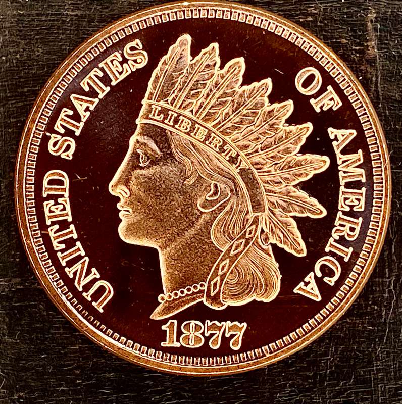 1OZ -- USA 1 cent Indian Head 1877 -- 1OZ 999 Copper Round BU