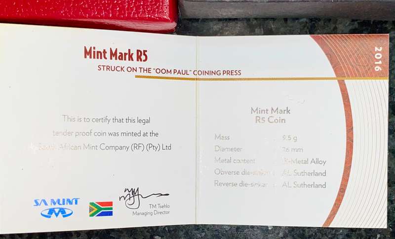 South Africa Oom Paul Mintmark Proof R5 -- 2016 -- mintage 397 - in original box with certificate