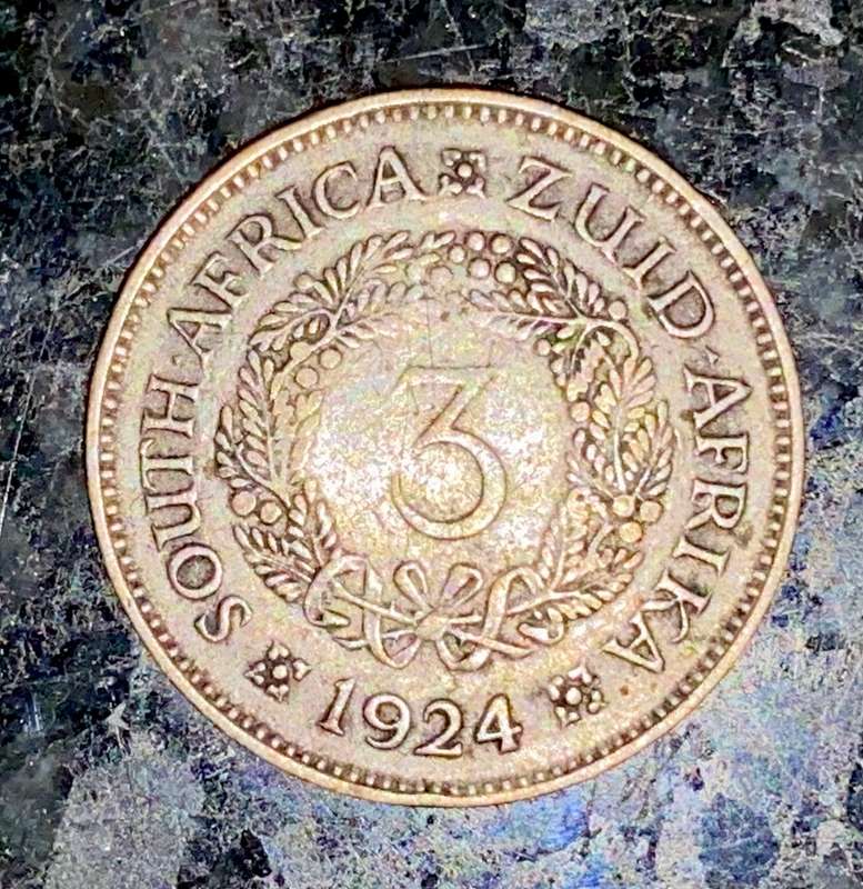 S A Union. silver 3d threepence 1924 wreath