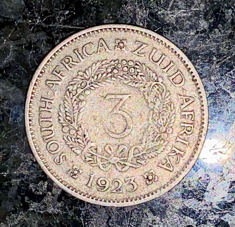 S A Union. silver 3d threepence 1923 Wreath