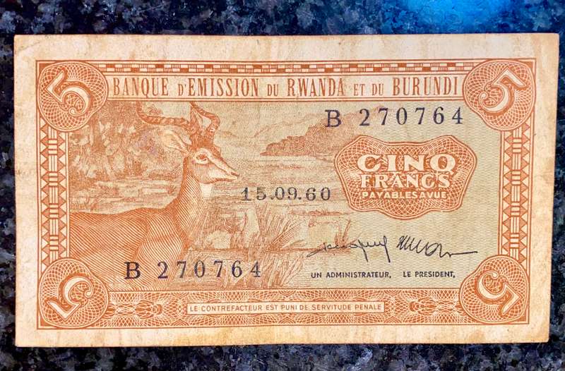 Rwanda & Burundi 5 francs 15-09-1960 B ( Scarce )