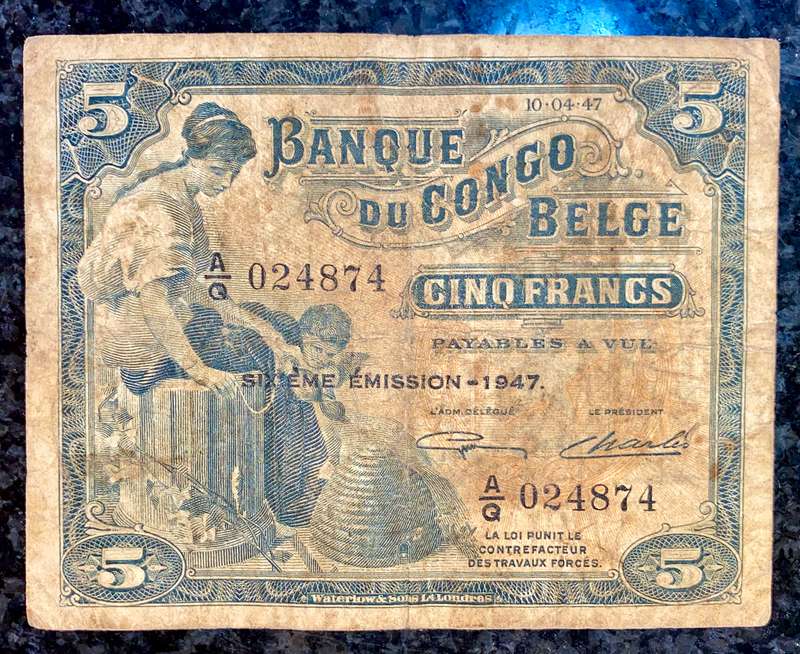 Belgium Congo 5 francs 10-04-1947 sixeme emission