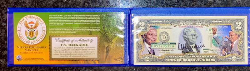 USA nelson mandela 2 dollar commemorative banknote with certification 2009